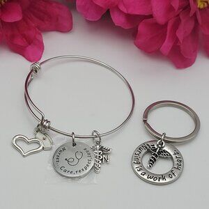 Silver Tone Charm Bracelet And Keychain Set "Nursing Is A Work Of Heart"  GIFT